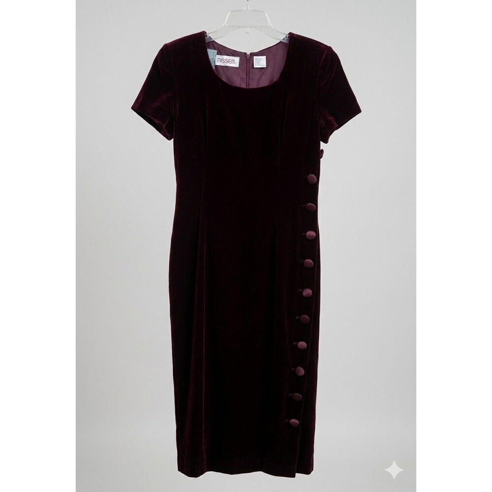 Vintage 1990s Burgundy Velvet Dress by Maggy London – Minimalist 90s Evening Mid